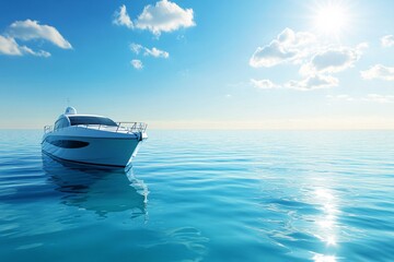 Fototapeta premium A serene boat floats on calm turquoise waters under a bright blue sky at midday in a tranquil ocean setting
