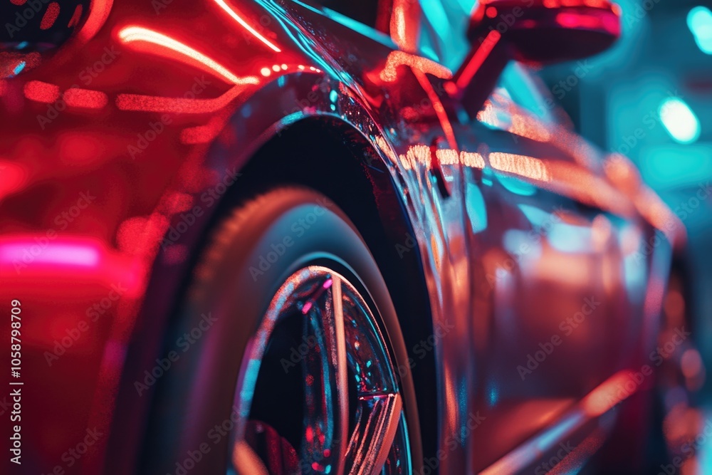 Poster a detailed view of a red car's wheel, perfect for use in automotive or transportation-related contex