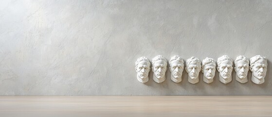  A line of white masks aligned on a wooden floor, facing a wall