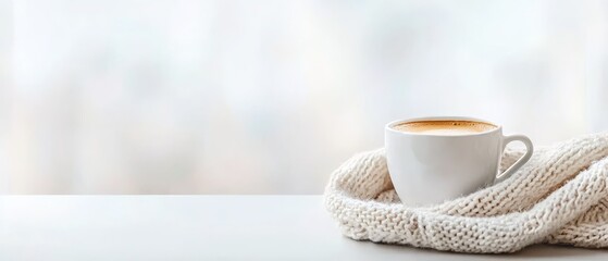  A cup of coffee atop a pristine white table Nearby, a pristine white knitted blanket covers the surface