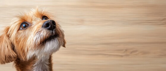  A tight shot of a poised canine gaze, fixed on an object above, against a hazy wooden backdrop
