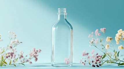 Cosmetic product glass bottle mockup ready for display, surrounded by delicate flowers on a blue background. The glass bottle mockup offers ample photo style copy space.