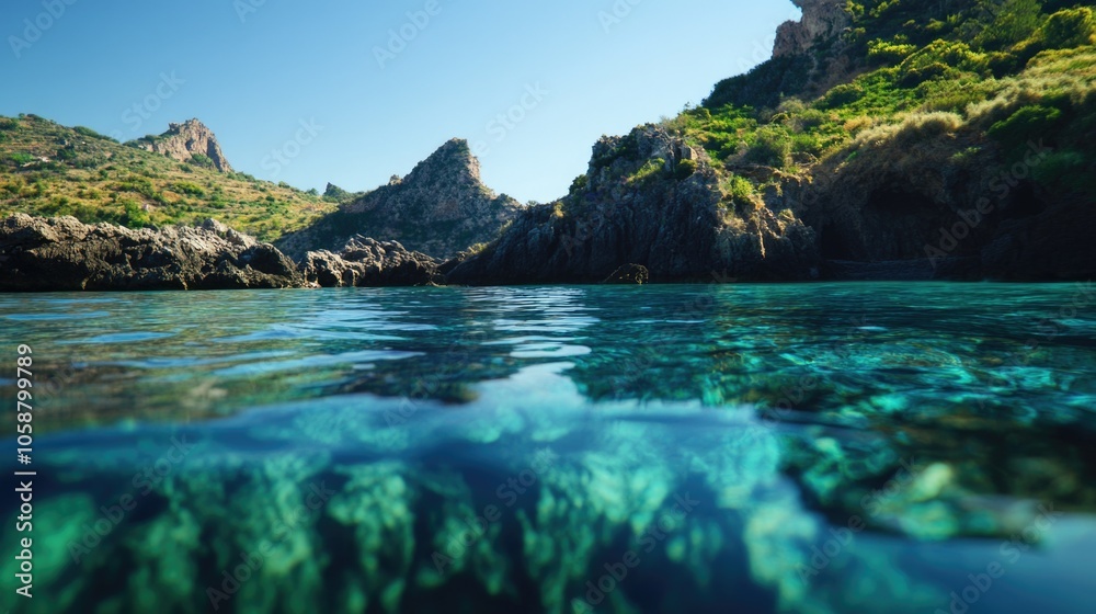 Poster a view of the ocean from the water's surface, suitable for use in travel or nature-related projects