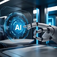 Robot hand on futuristic AI icon to check correct data utilizing RPA function software program to help proof and detect and synchronize with system for future business technology 