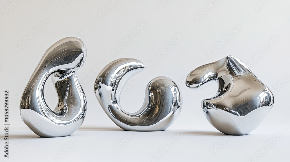 Poster chrome metallic abstract shapes displayed on a simple background generative ai