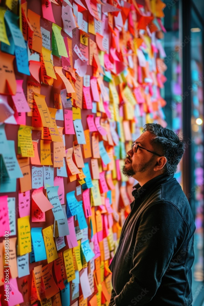 Poster a person stands in front of a colorful wall filled with sticky notes, ideal for use in presentations