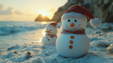 Obraz premium Snowmen family at sea beach in santa hats 