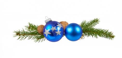 blue christmas decoration with ball and fir branch isolated on white or transparent png