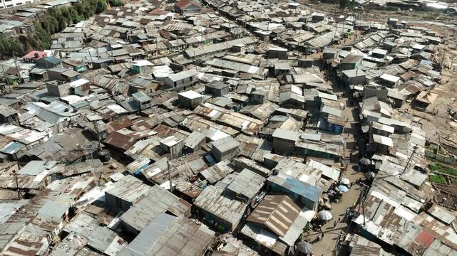Aerial view of Mathare Slum in Nairobi looking down on tin-roofed houses.