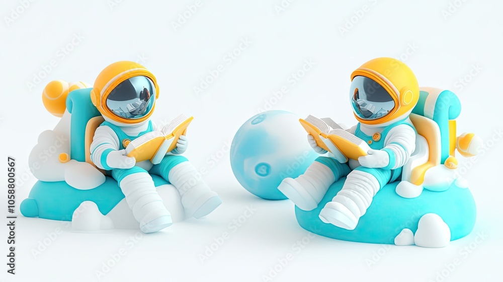 Poster astronauts exploring colorful planets with books generative ai