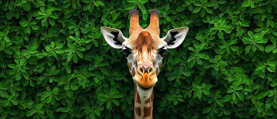 Fototapeta premium A tight shot of a giraffe's face against a lush green backdrop of bushes and foliage