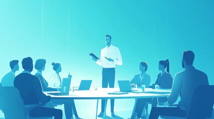 Business team gathered in a high-tech meeting room, digital devices and silhouettes set against blue