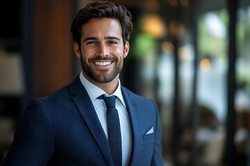 Fototapeta premium Smiling Businessman in Blue Suit Headshot Portrait1