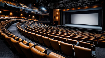 Naklejka premium Spacious modern theater auditorium with empty seats and a large blank screen, featuring tiered seating, warm lighting, and a state-of-the-art sound system for entertainment events.