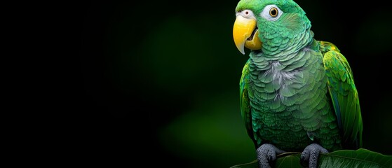 Obraz premium A tight shot of a green parrot perched on a branch against a dark green background A nearby green leaf occupies the foreground