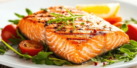A grilled salmon fillet is presented alongside a nutritious garnish, emphasizing the healthy nature of the dish with both salmon and garnish highlighting well being.