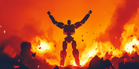 A fiery mech warrior with raised arms emerges from a blazing background, symbolizing power and destruction in a dystopian landscape. The intense flames highlight its presence.