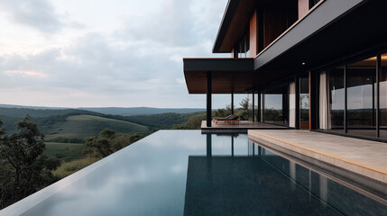 Fototapeta premium Modern architectural house with large glass windows and an infinity swimming pool overlooking a scenic landscape with rolling hills and cloudy sky.