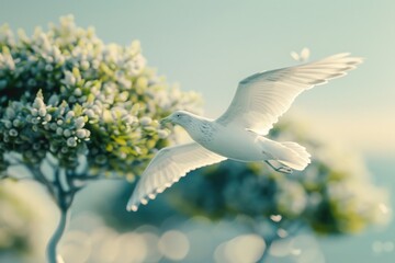 Obraz premium A white bird in flight above a tranquil body of water, surrounded by lush greenery