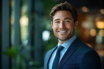 Smiling Businessman in Blue Suit with Blurred Background