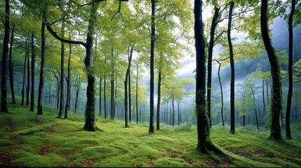 Fototapeta premium Captivating Composition of a Misty Rainforest with Lush Greenery and Enchanting Atmosphere