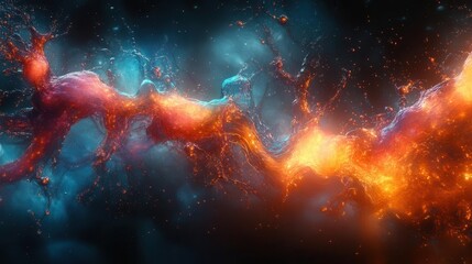 intricate rendering of a biology nerve cell, with delicate filaments branching out in vibrant colors, set against a dark background, showcasing textures and depth in 3d