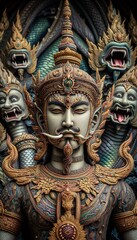 Obraz premium Ancient Thai stone carving of a Hindu god, a masterpiece of religious art adorning a temple wall