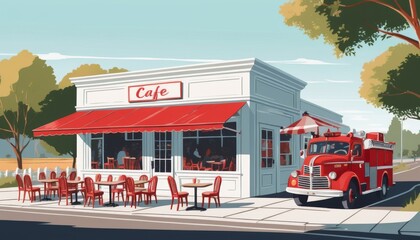 Colorful roadside cafe with vintage fire truck, outdoor seating, vibrant atmosphere