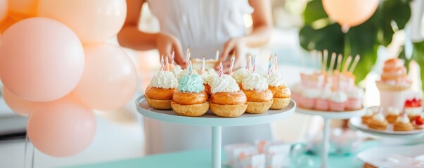 Event organizer setting up a birthday party with themed decorations, color-coordinated tables, modern aesthetics, warm ambiance