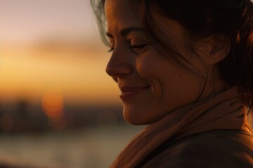A smiling woman enjoying the beautiful sunset