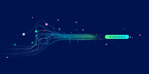 Illustration of abstract stream information with cyan line and dot. Big data, technology, AI, data transfer, data flow, large language model, generative ai