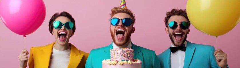 Obraz premium Joyful birthday celebration with live performers, a unique custom cake, and a happiness-infused party atmosphere