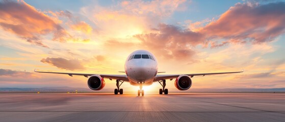 A large jetliner rests on an airport tarmac as the sun sets in the sky behind it