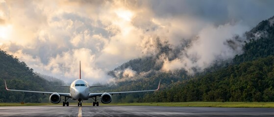  A large jetliner rests on the tarmac, surrounded by a lush, green forest beneath a cloud-studded sky