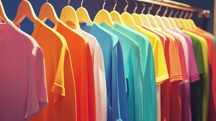 Colorful row of clothes hanging on hangers, showcasing vibrant fashion choices in a store, representing diversity, colorfulness, and shopping for a trendy wardrobe.