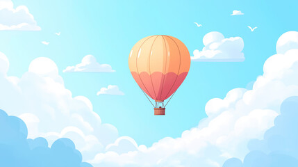 Naklejka premium Hot air balloon soaring in a clear blue sky filled with fluffy white clouds, symbolizing freedom and adventure, with space for text or copy.