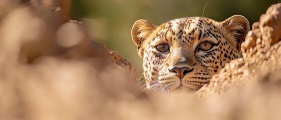  A tight shot of a cheetah's face emerging from behind a tree branch