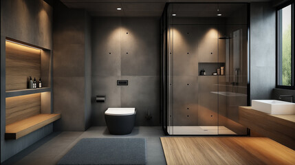 Modern bathroom interior with minimalist design featuring a black toilet, glass shower enclosure, wooden shelves, and a white sink on wooden countertop.