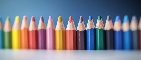  A row of colored pencils aligns on a white table, adjacent to a blue wall