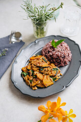 High angle view of thai food in plate on table