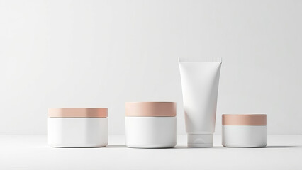 Set of jars and tubes for cosmetics without labels, podium, mockup. Light background, shadows.