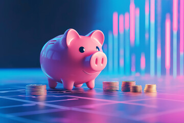 Piggy bank on a reflective surface with vibrant, futuristic neon lights in the background, symbolizing savings, finance, and modern money management concepts.
