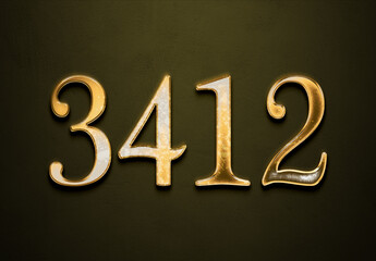 Old gold effect of 3412 number with 3D glossy style Mockup.	