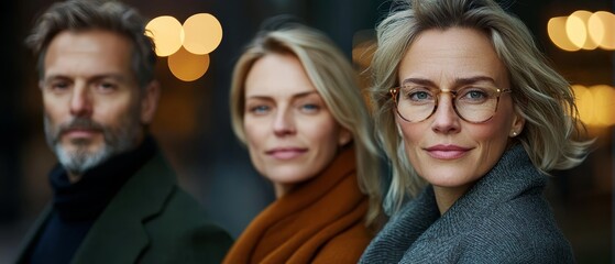 Obraz premium A woman in glasses and another women with blonde hair, both wearing glasses, look directly at the camera..A man in a green coat stands beside them