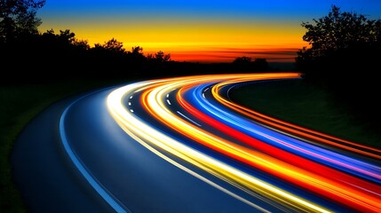 Fototapeta premium Light Trails on a Winding Road at Sunset Plain Textured Background for Web Design and Copy