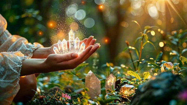 Hands holding translucent quartz crystals in a sunlit meadow. The sunlight filters through the crystals, a mystical glow