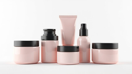 Set of jars and tubes for cosmetics without labels, podium, mockup. Light background, shadows.