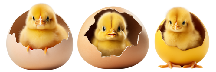 Set of three cute Easter chicks emerging from eggs with fluffy yellow feathers and curious expressions, perfect for spring themes, PNG cutout transparent background.