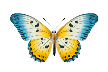 Vibrant spring butterfly with delicate wings with yellow and blue patterns design, beauty and tranquility concept, transparent background, PNG cutout.