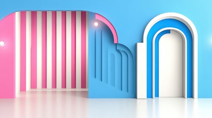 Fototapeta premium Modern Minimalist Interior Design with Pink and Blue Striped Walls and Archway